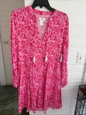 Pink Floral Tassel V-Neck Long Sleeve Dress